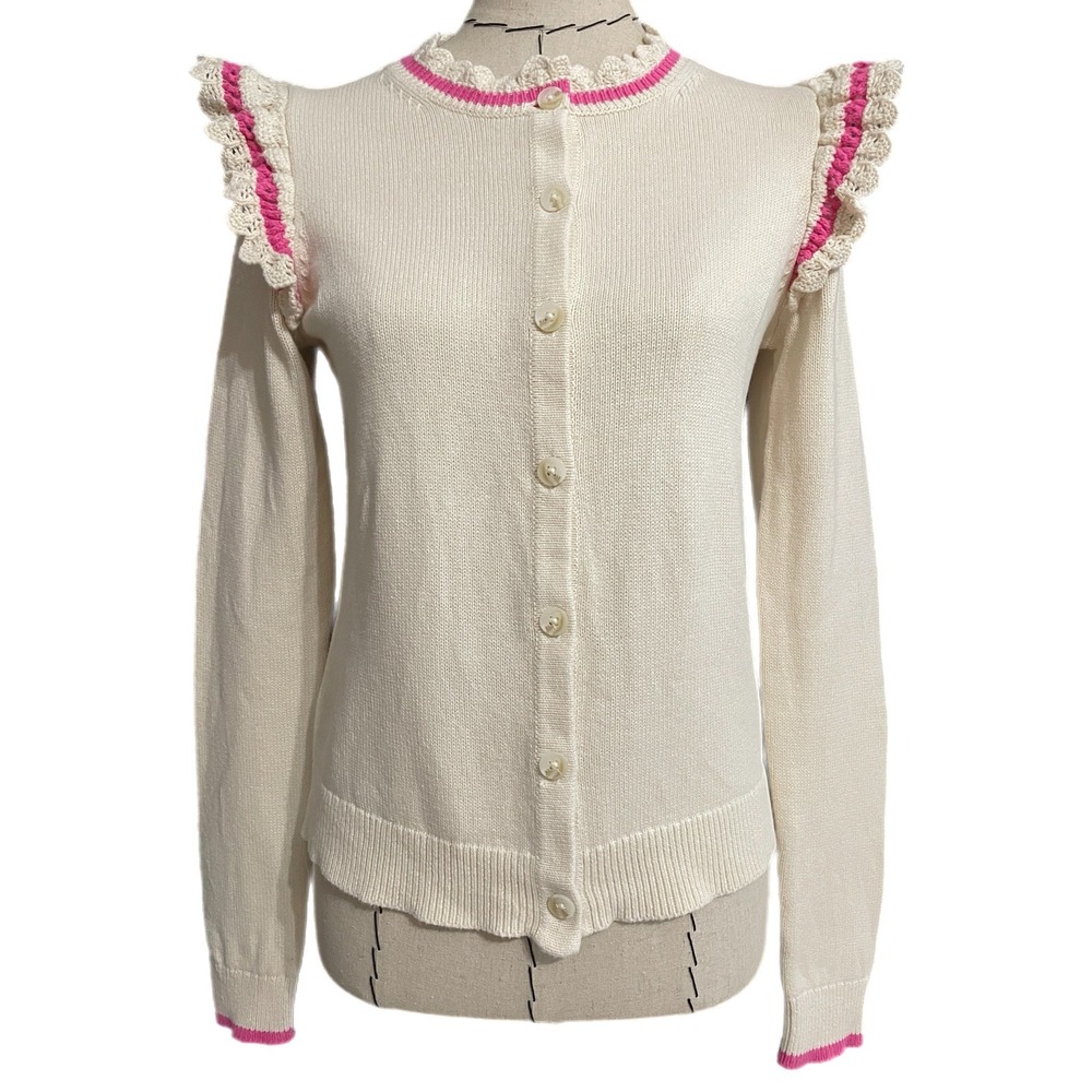 Boden Crochet Frill Cardigan Sweater Cream Pink Trim 100% Cotton Women's Small